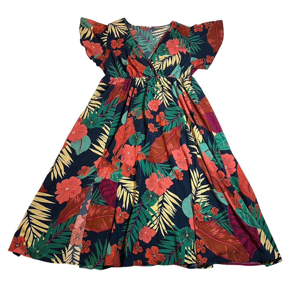 Women's V-Neck Tropical Print Maxi Dress w/ Slit Size 2XL Vacation Party Casual